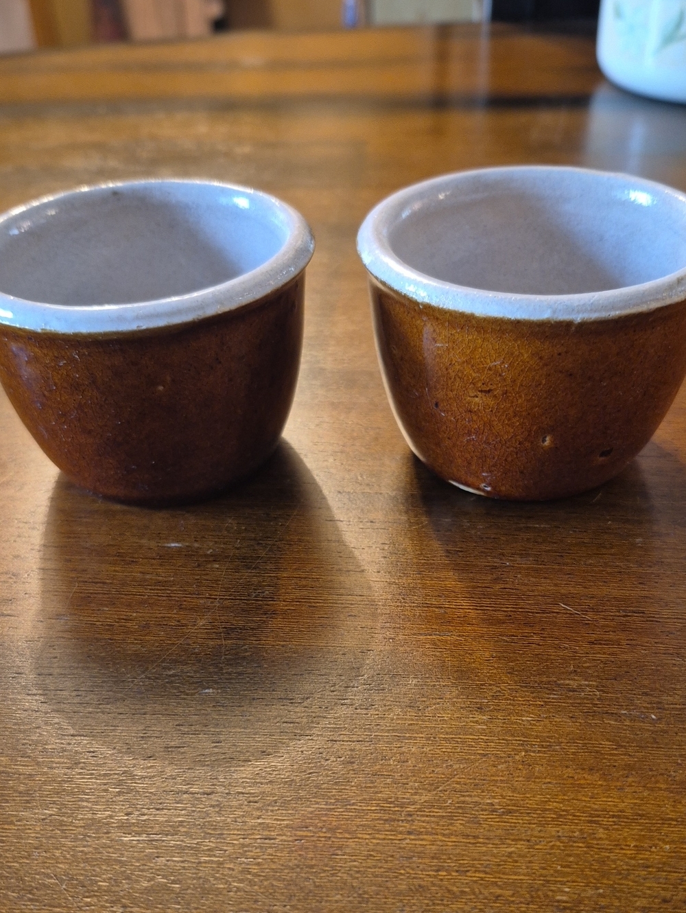 Pottery Ramekins Small Brown Outter Glaze With Oatmeal Color Inside Sold As Pair